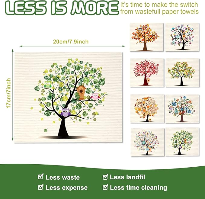 Vesici 8 Pcs Kitchen Dishcloths, Mixed Trees Owls Washable Reusable Sponge Cloths, Absorbent Dish Cloth, Washable Cleaning Wipes for Kitchen Dishes Bar Countertops