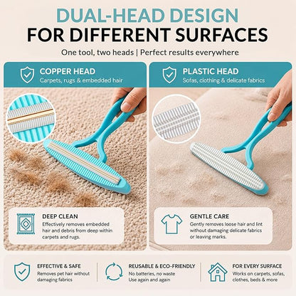 2 Pack Set Pet Hair Removal Tool – Dual-Head Copper & Plastic Scraper for Carpet, Furniture & Car, Reusable Lint Remover for Embedded Dog & Cat Hair