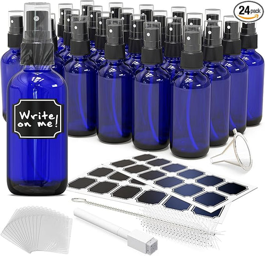 Nevlers Blue Glass Spray Bottles 4 Oz 24 Pack | Mini Spray Bottle Small Set with Labels, Marker, Funnel, Brush & Wrap | Blue Bottle For Face & Hair Products | Practical 4 Oz Bottles for Essential Oils