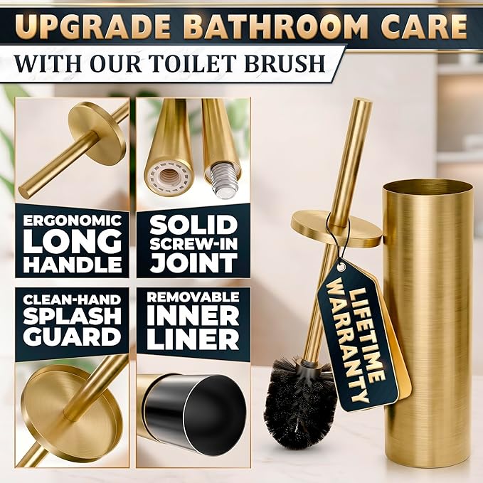 Gold Toilet Brush and Holder Set - Brushed Stainless Steel Gold Toilet Bowl Brush and Holder with Replaceable Head, Removable Inner Bowl, and Splash Protection - Dense Bristles for Thorough Cleaning