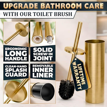 Gold Toilet Brush and Holder Set - Brushed Stainless Steel Gold Toilet Bowl Brush and Holder with Replaceable Head, Removable Inner Bowl, and Splash Protection - Dense Bristles for Thorough Cleaning