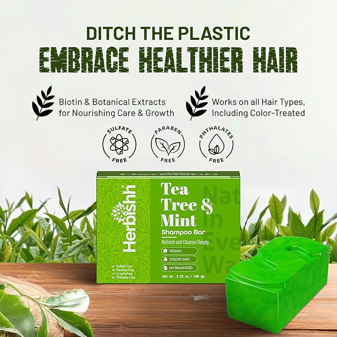 Herbishh Shampoo Bar for Hair Growth – Strengthening & Nourishing, Solid Soap for Thinning Hair, Paraben-Free & Sulfate-Free, 3.53 oz (Tea Tree & Mint Shampoo, Pack of 1)