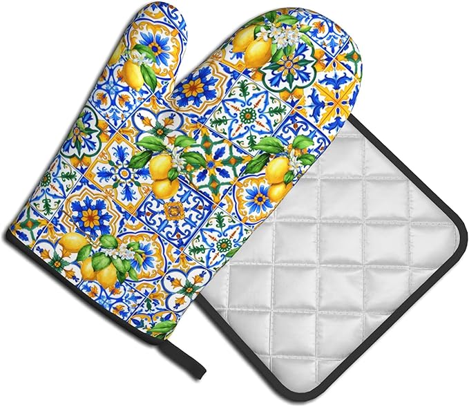 Lemon Oven Mitts - Summer Kitchen Mitts Pot Holders Teal Blue and Yellow Hot Mitts Boho Floral Hot Pads Sets of 2 for Cooking Baking Grilling