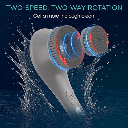 VOYOR Electric Body Brush Back Scrubber Silicone Body Scrubber Two-Way Rotating Brush Head for Deep Cleaning, Exfoliation, 4 Attachments Long Handle IPX6 Rechargeable Shower Brush BC300 (Grey)