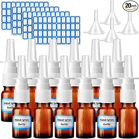 20 Pcs Nasal Spray Bottle, 10ML/0.35OZ 12Pcs Glass Brown Nasal Spray Bottles Empty with 4 Funnels and 4 Labels