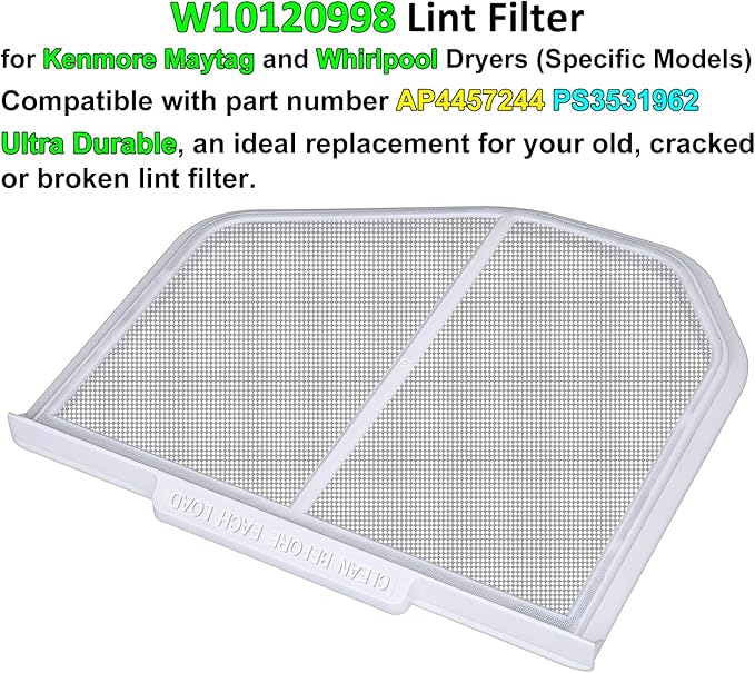 W10120998 Lint Filter Replacement for Kenmore Maytag Whirlpool Dryers, Upgraded Stainless Steel Mesh Screen, Ultra Durable Lint Trap with Dryer Vent Lint Brush