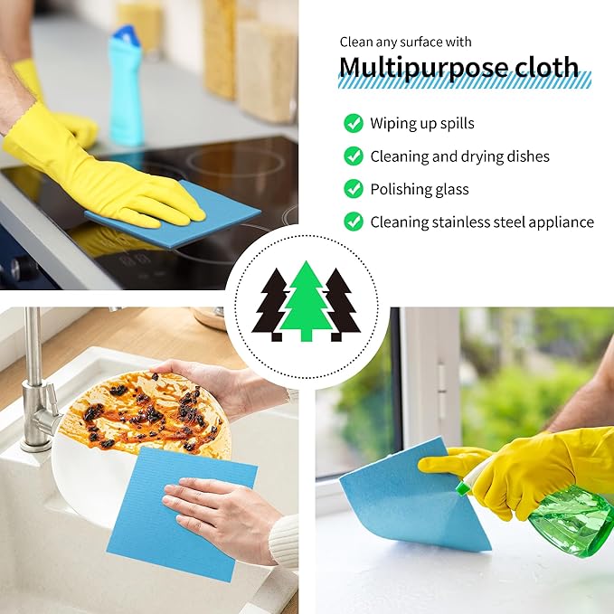 Swedish Dishcloths, 10 Pack Kitchen Towels Dish Rags, Absorbent Swedish Dish Towels for Kitchen, Non-Scratch Cellulose Sponge Cloths, Biodegradable Washable Reusable Paper Towels, Blue