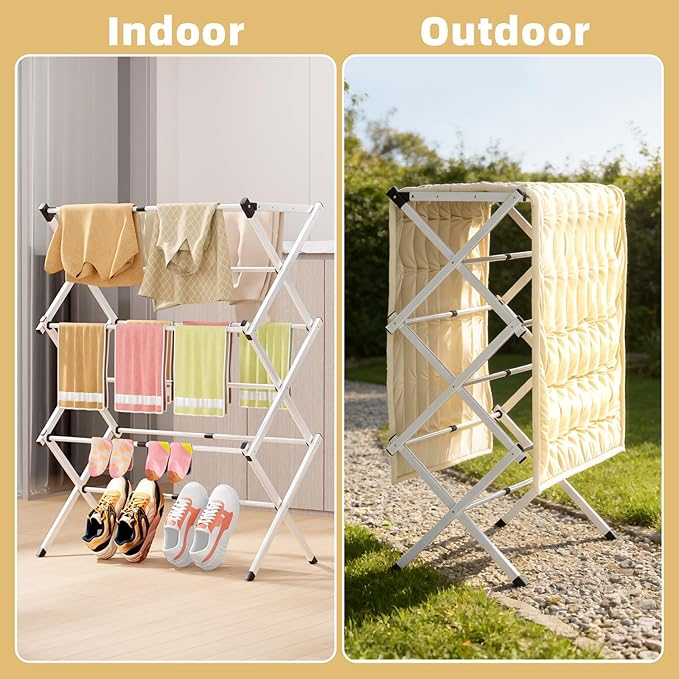 BAKON Space Saving Foldable Clothes Drying Rack, Extendable Rustproof Laundry Rack for Indoor Outdoor Use, No Assembly Required, Suitable for Bathroom Laundry Room Apartment RV, White