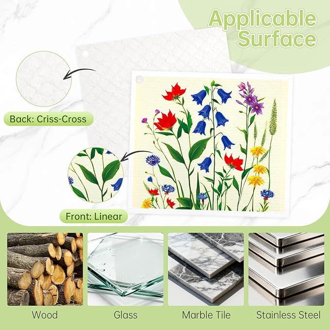 Swedish Dishcloths for Kitchen, 5 Pack Floral Flowers Reusable Paper Towels with 3 Hooks, Washable Dish Cloth Set, Absorbent Cleaning Cloth for Washing Dishes Housewarming Gifts for Friend