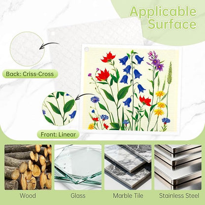 Swedish Dishcloths for Kitchen, 5 Pack Floral Flowers Reusable Paper Towels with 3 Hooks, Washable Dish Cloth Set, Absorbent Cleaning Cloth for Washing Dishes Housewarming Gifts for Friend