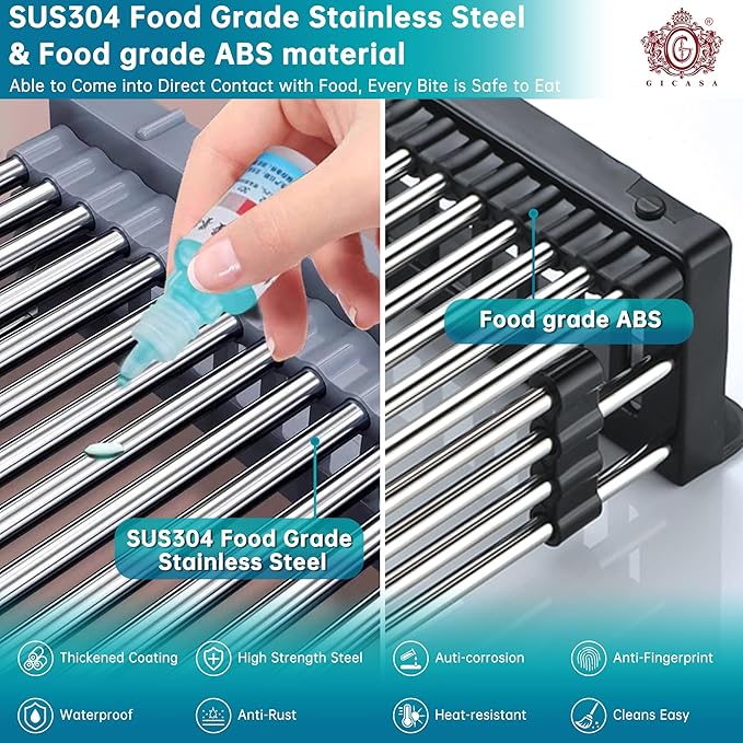 Sink Dish Drying Rack, Stainless Steel Drainer for 12.5"-20.5" Sinks, Kitchen Countertop Organizer for Dishes, Vegetables, and Fruits (Black & Large Size)