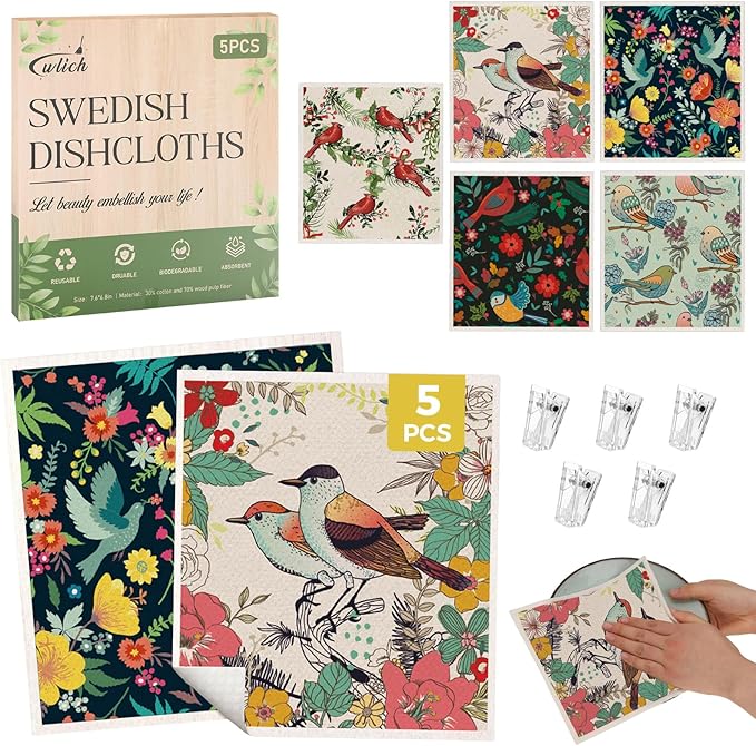 wlich 5PCS Swedish Dishcloths for Kitchen, Reusable Dish Rags for Washing Dishes with Clips, Non-Scratch Kitchen Towels and Dishcloths Sets, Washable Swedish Dish Cloths, No Odor(Birds Flowers)