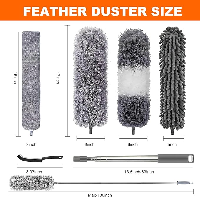 Professional Microfibre Dusters for Cleaning | Duster with Extension 100" | Cobweb Remover Duster Kit with 2 Washable Heads | Bendable Feather Duster for High Ceilings,Fans & Hard-to-Reach Areas,6PCS