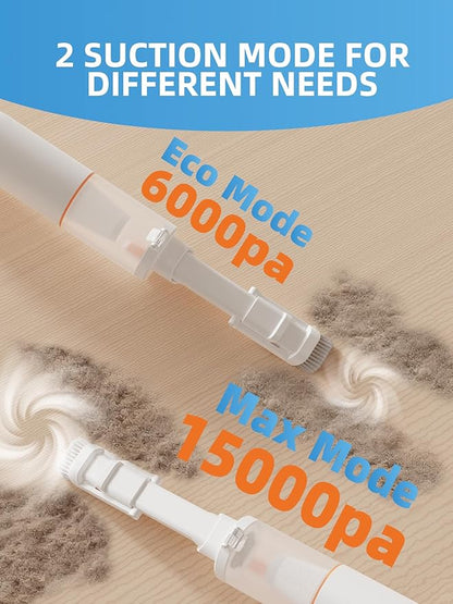 Vogano Handheld Vacuum Cleaner Cordless, 15000Pa High Power, Portable Mini Car Vacuum Air Duster with 2 Suction Modes & Multi-Nozzles for Desk Home Office Pet Hair, White