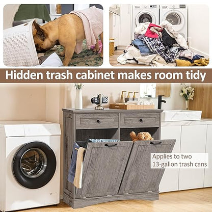 AHB Double Tilt Out Trash Can Cabinet Freestanding Kitchen Trash Can, 2x13 Gallons Hidden Garbage Recycling Cabinet with Hideaway Drawers Pet Proof Trash Can Holder for Kitchen, Grey