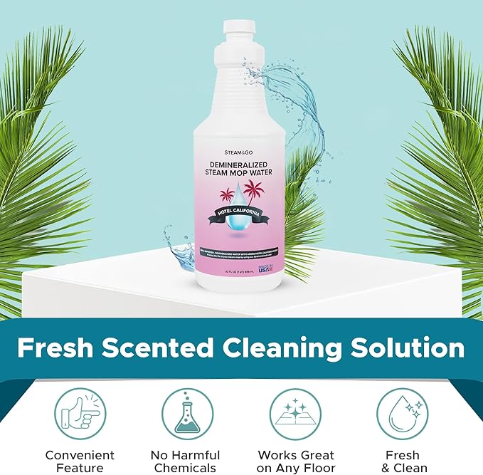 Steam & Go Demineralized Water - Multi-Surface Cleaner for Steam Cleaners, Hardwood Floors, Kitchens, & Bathrooms - Germ-Killing Formula - Hotel California Scent - 32 Ounces (Pack of 6)