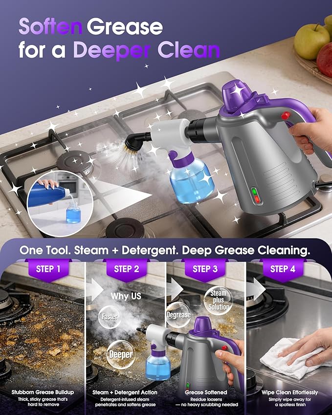 Handheld Steam Cleaner for Home, Pressurized Multi Purpose Steamer for Cleaning Upholstery Bed Furniture Couch Carpet Car with 14 Accessories & Safety Lock, Small Container for Grease