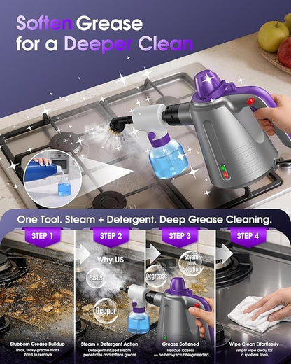 Handheld Steam Cleaner for Home, Pressurized Multi Purpose Steamer for Cleaning Upholstery Bed Furniture Couch Carpet Car with 14 Accessories & Safety Lock, Small Container for Grease