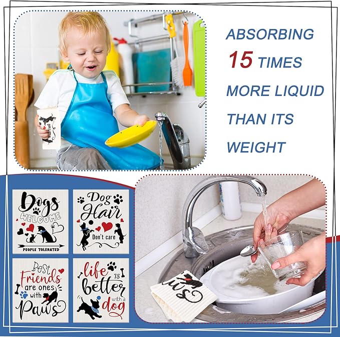 Funtery 8 Pcs Dog Swedish Kitchen Dishcloths Reusable Swedish Absorbent Sponge Cloths Washable Kitchen Dish Towel Quick Drying Decorative for Animal Lover Gifts for Women Hand Towel