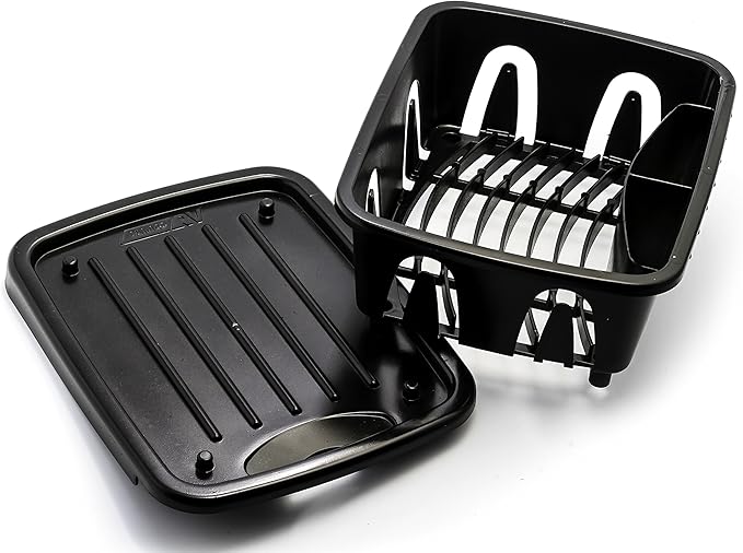Camco RV Mini Dish Drainer & Tray - Features a Sloped Drain Tray Design, Heavy-Duty Construction - Ideal for Small Spaces, Apartments, Boats, and More -9.5"L x 11.7"W x 4.75"H - Black (43512)