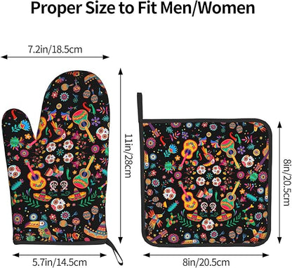 Mexican Oven Mitt Potholders Sets - Mexico Kitchen Mitts and Pot Holders Set of 2 Floral Skull Oven Gloves Hot Pads for Cooking Baking Grilling