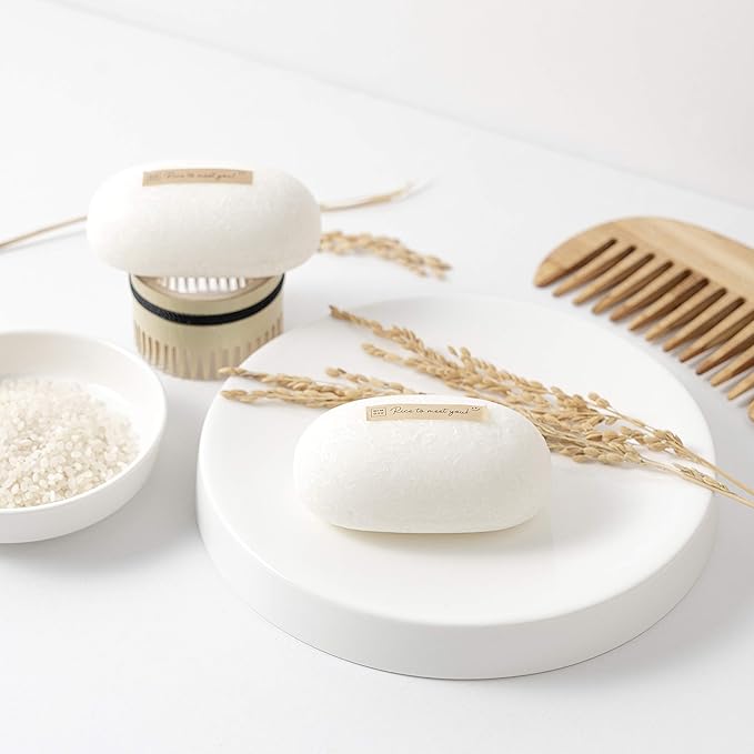 mimosu Rice Water Shampoo Bar and Soap Dish Set (5.3 ounces) - 2 in 1 Rice Water for Hair Growth Shampoo and Conditioner Bar, Soap Dish Soap Container