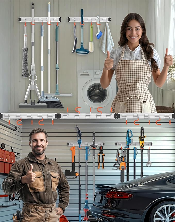 Mop and Broom Holder Wall Mount Garden Tool Rack Organizer, Modern Style,Movable Aluminum Alloy Wall Mounted Hook 1 Pack,Storage Gift for Bathroom,Closet,Laundry Room,Garage,Tool Room(Orange)