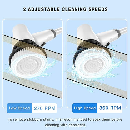 KEROMEE Electric Spin Scrubber Cordless Cleaning Brush with 7 Replaceable Brush Heads & Adjustable Extension Handle, 2 Speed Power Shower Scrubber for Bathroom, Tub, Tile, Floor (White)