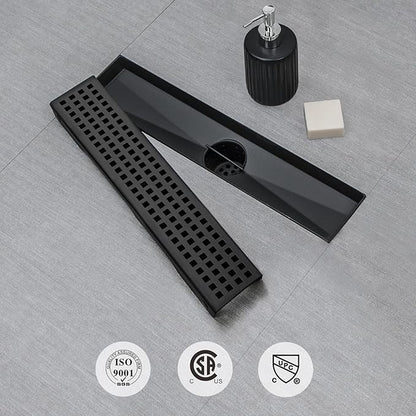 SaniteModar Linear Shower Drain, Black Shower Drain 12 inch with Square Hole Panel, Matte Black Linear Drain with Hair Strainer and Leveling feet