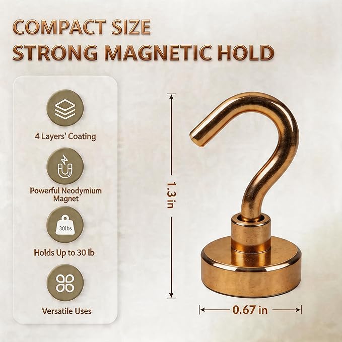 Neosmuk Magnetic Hooks, Heavy Duty 30lb+ Strong Magnet Hook for Cruise Cabins, Cruise Ship Essentials for Hanging, Metal Wall Refrigerator Hangers (Bronze, 15 Pack)
