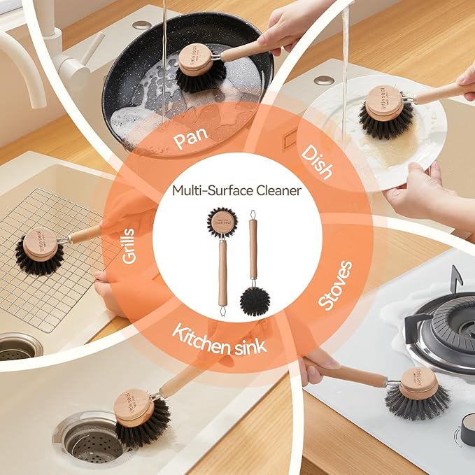 Dish Brush Set of 2, Wooden Handle Natural Bristle Scrubber, Non-Scratch Grease Absorbent for Non-Stick & Cast Iron Cookware, Kitchen Dishwashing Scrub Brush for Cleaning Dishes, Pots, Pans, Sink