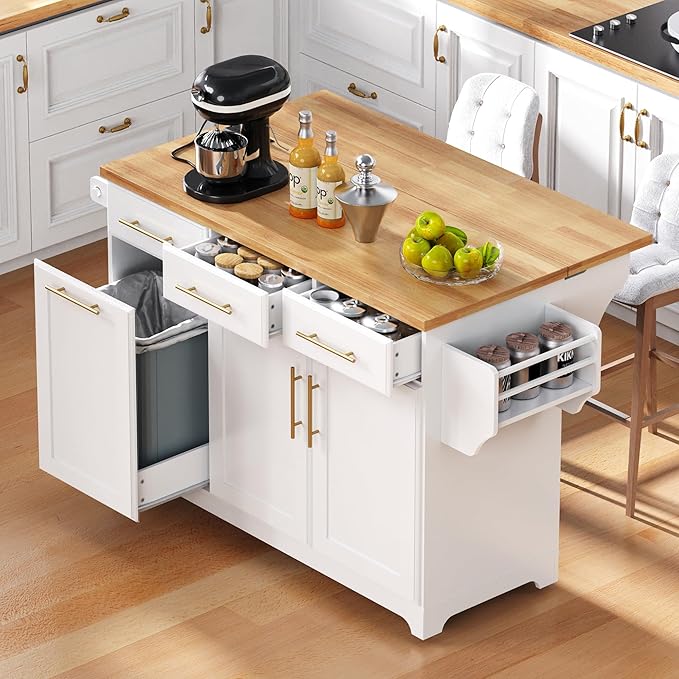 59.3" Kitchen Island with Drop Leaf and Pull Out Trash Can Storage Cabinet, Rolling Kitchen Island Table with Power Outlet, Spice & Towel Rack for Kitchen, Dining, White