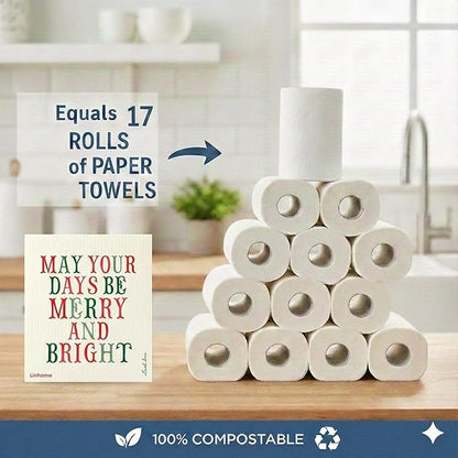 Christmas Holiday Swedish Dishcloth, Reusable Paper Towel, Super Absorbent Cellulose Sponge, Washable Kitchen Cleaning Cloth (Merry & Bright - 1 Pack)
