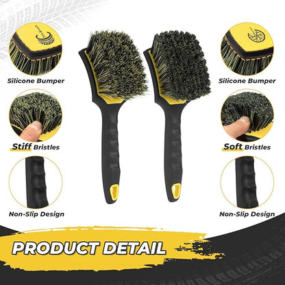 Wheel and Tire Brush Detailing Kit, Soft Rim Brush & Stiff Tire Brush with Silicone Bumper Guard, Non-Slip Ergonomic Handle Car Wash Set for Alloy Wheels, Fenders, Mats