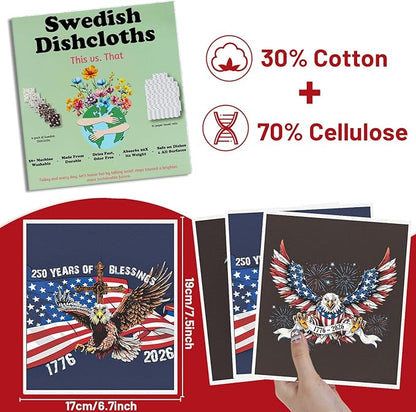 Swedish Dishcloths for Kitchen, 6PCS 250 Anniversary Swedish Dish Cloths Gift, Patriotic 1776-2026 Reusable Absorbent Dish Towel for Home Cleaning(7.8 X 7 Inches)
