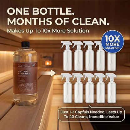 Heavy Duty Sauna Cleaner for Home & Infrared Saunas — 32 fl oz — Makes 5–10 Gallons — Perfect for Sauna Wood Benches/Walls/Floors, Removes Sweat, Oil, Dirt & Odors