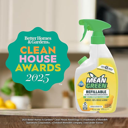 Mean Green Refillable Ultra Powered Multi-Purpose Cleaner Concentrate, Citrus & Green Tea, 14.3 fl oz – Plant & Mineral Based, Cuts Through Grease & Grime, Refillable Bottle Makes 4X Refills