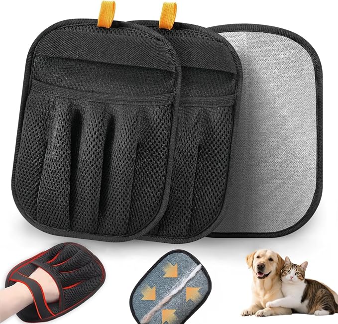 2 Pack Pet Hair Removal Gloves,Five-Finger Reusable Electrostatic Pet Hair Remover for Dog & Cat Hairfor Couch, Furniture, Car Seat, Carpet, Clothing (Black-up)