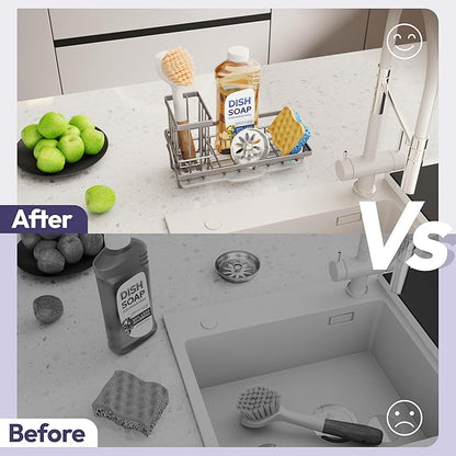 SWTYMIKI Sink Caddy Sponge Holder - Kitchen Sink Organizer with High Brush Holder for Countertop to Hold Dish Soaps and Sponges, Stainless Steel, Sand Nickel