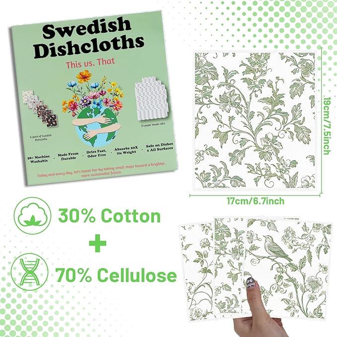 Swedish Dishcloths for Kitchen, 6PCS Sage Green Floral Birds Cellulose Sponge Reusable Paper Towels Washable, Greenery Absorbent Fast Drying Swedish Dish Cloth for Home Cleaning