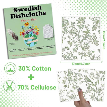 Swedish Dishcloths for Kitchen, 6PCS Sage Green Floral Birds Cellulose Sponge Reusable Paper Towels Washable, Greenery Absorbent Fast Drying Swedish Dish Cloth for Home Cleaning