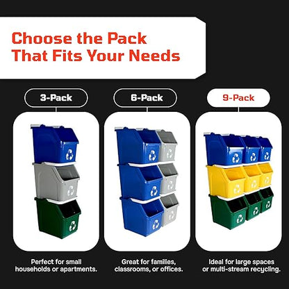 Multi Bin Recycling System with Three Stackable 6 Gallon Recycle Bins for Kitchen Use – Recycling Trash Can Set for Office, Garage, Businesses (9 Pack, Blue/Yellow/Green)