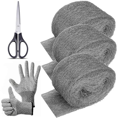 3 Pack Steel Wool Mice Control 3.2" x10.5Ft Hole Filler, for Home & Garage, DIY Bundle with Gloves & Scissors