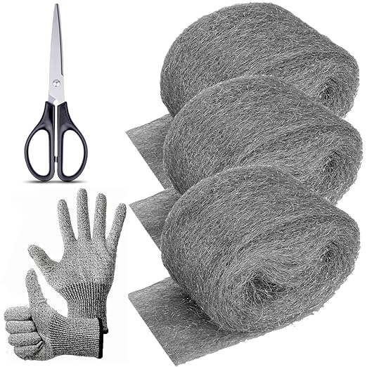 3 Pack Steel Wool Mice Control 3.2" x10.5Ft Hole Filler, for Home & Garage, DIY Bundle with Gloves & Scissors