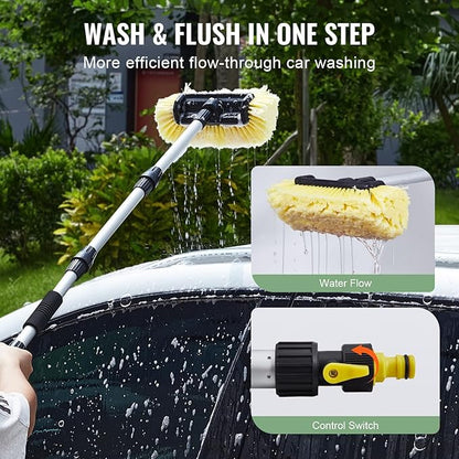 VEVOR Car Wash Brush, 66.7-Inch Extendable Car Washing Brush with Long Handle, 12" Scratch-Free Soft PVC Bristle Head, Flow-Thru Car Cleaning Mop Kit with Water Hose Attachment for Car RV Boat