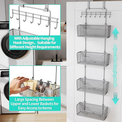 HapiRm Over The Door Organizer - Hanging Door Organizer with 4 Metal Large Capacity Baskets and Adjustable Coat Hook for Bathroom Bedroom Kitchen Pantry Closet Cabinet