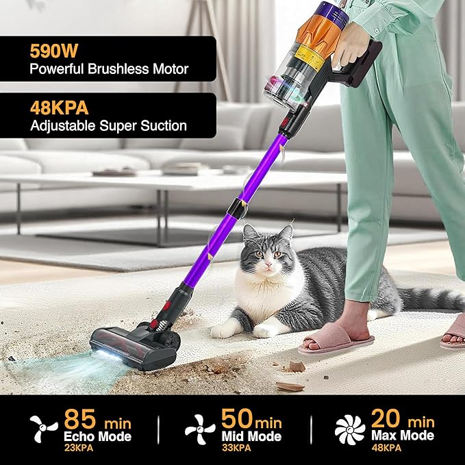 Cordless Vacuum Cleaners-48 KPa/580W with Upto 90Mins Runtime | Stick Vacuum Cleaner with 2 Hepa Filters-Wall Mounted-Touchscreen-Anti-Tangle Brush (UK Plug)