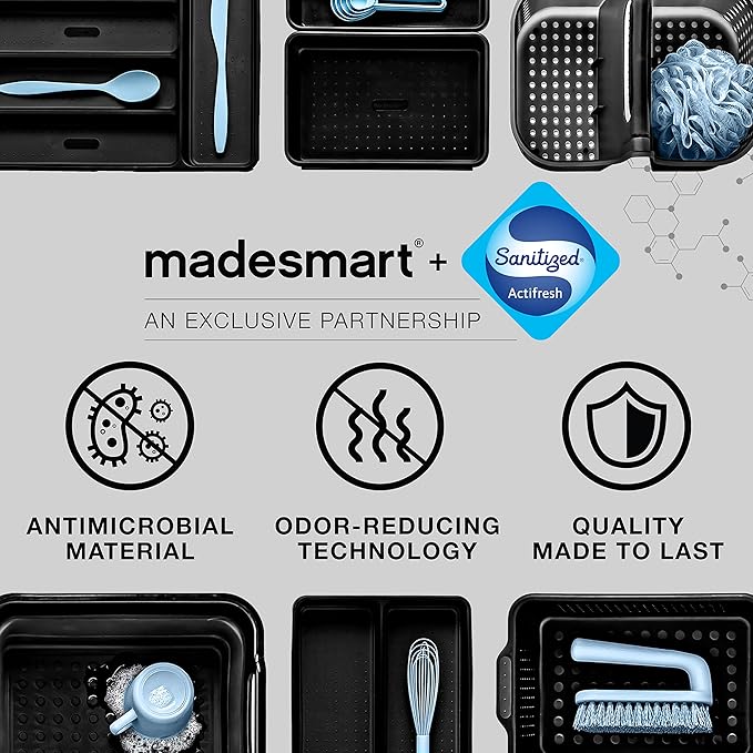 madesmart Premium Portable Shower Caddy, Hold Soap, Shampoo, Hair Supplies and Beauty Products, Cleaning Supplies Organizer for Home, Dorm, Plastic Shower Tote, Soft Handle, Grey