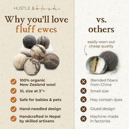 Fluff Ewes Wool Dryer Balls 6 Pack Premium New Zealand Wool Laundry Balls for Dryer, No Static Dryer Balls Laundry Reusable Cute, XL Wool Dryer Balls Cute, Baby Dryer Balls for Dryers - Marble