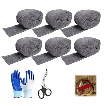 Steel Wool Mice Control - 6 Pack 3'' x 11Ft Wool - Steel Wool Wire Wool Rats Included Work Gloves & Scissors - Wall Hole Gap Filler Kit for Home & Garage
